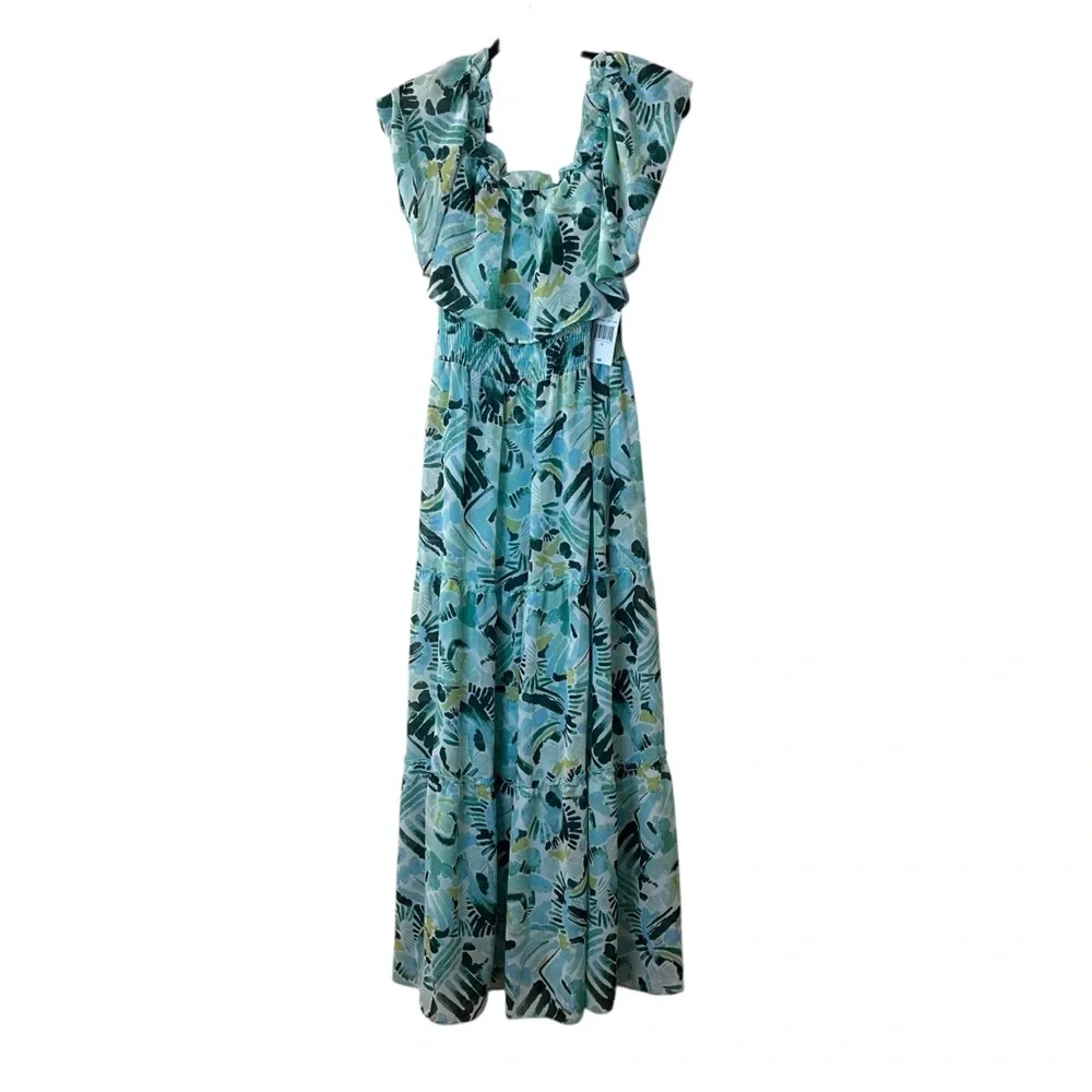 Rabbit Designs Tropical Off the Shoulder Smocked Waist Tiered Maxi Dress Sz 10